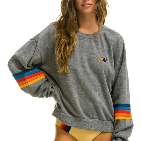 AVIATOR NATION RAINBOW STITCH SLEEVE RELAXED CREW SWEATSHIRT, HEATHER GREY ~ XL - Picture 2 of 7